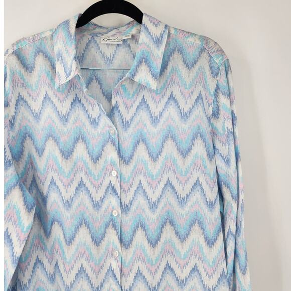 KIM ROGERS 100% Linen Blue Chevron Button Down Shirt Womens Petite Large Beach - Picture 5 of 5